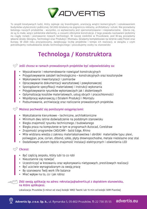 Szukamy – Technolog/Konstruktor